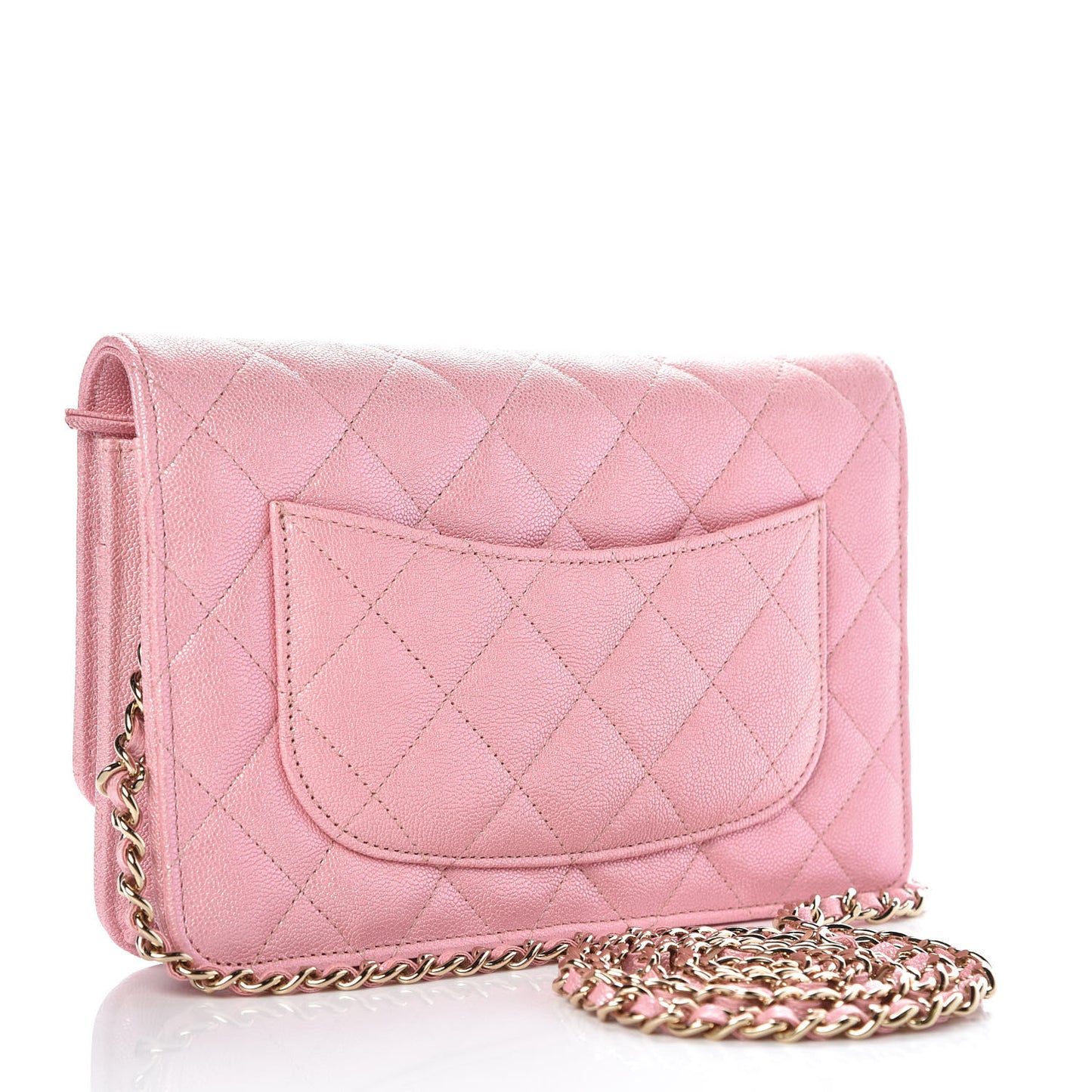 Iridescent Caviar Quilted Wallet on Chain WOC Rose Pink