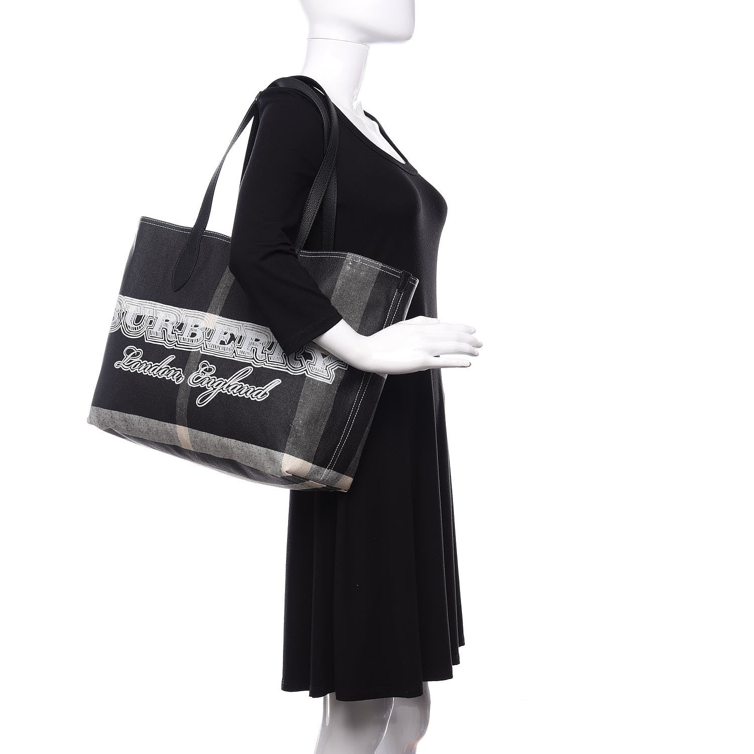Burberry Coated Canvas Mega Check Medium Doodle Tote Black White 2 of 9
