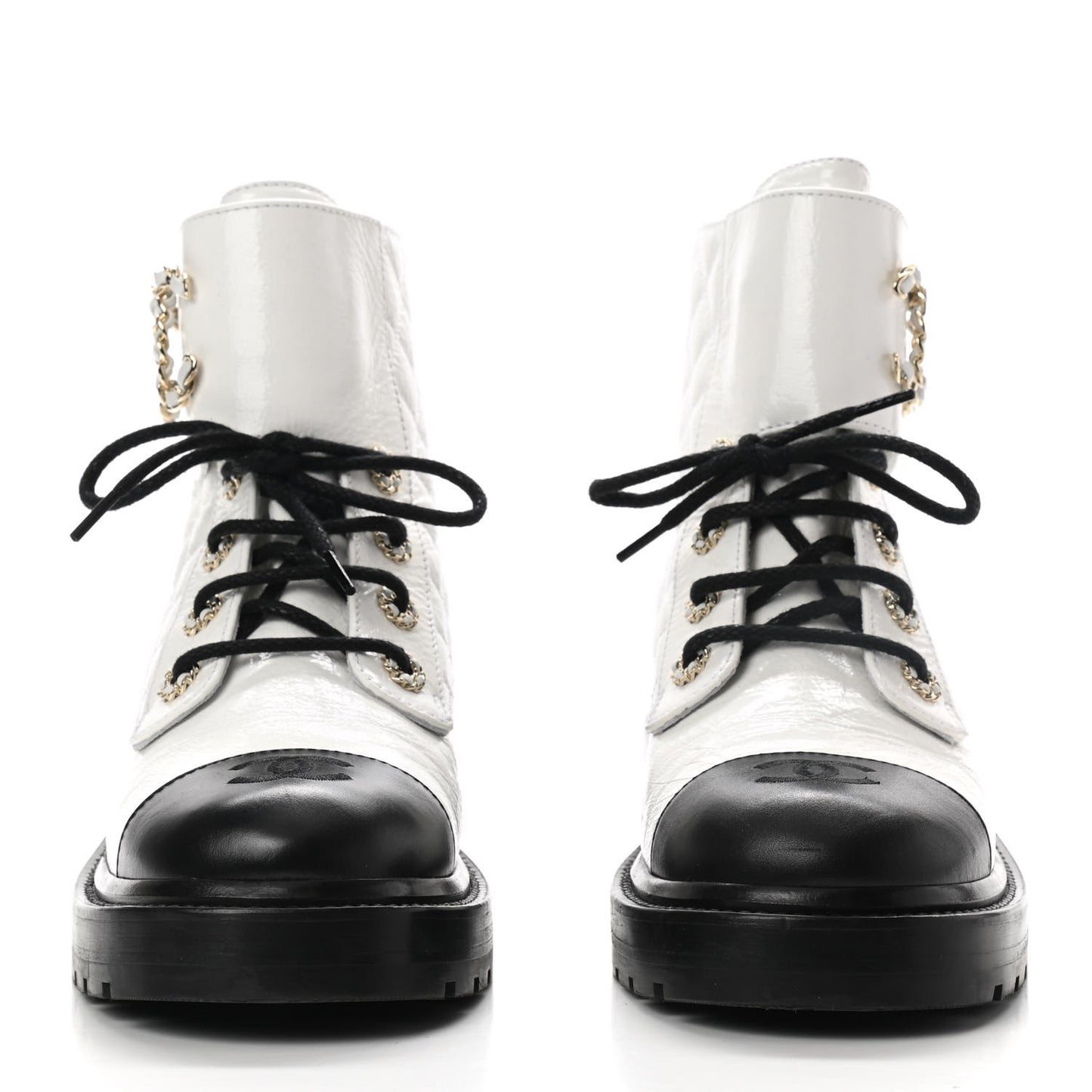Shiny Goatskin Calfskin Quilted Lace Up Combat Boots 39 White Black
