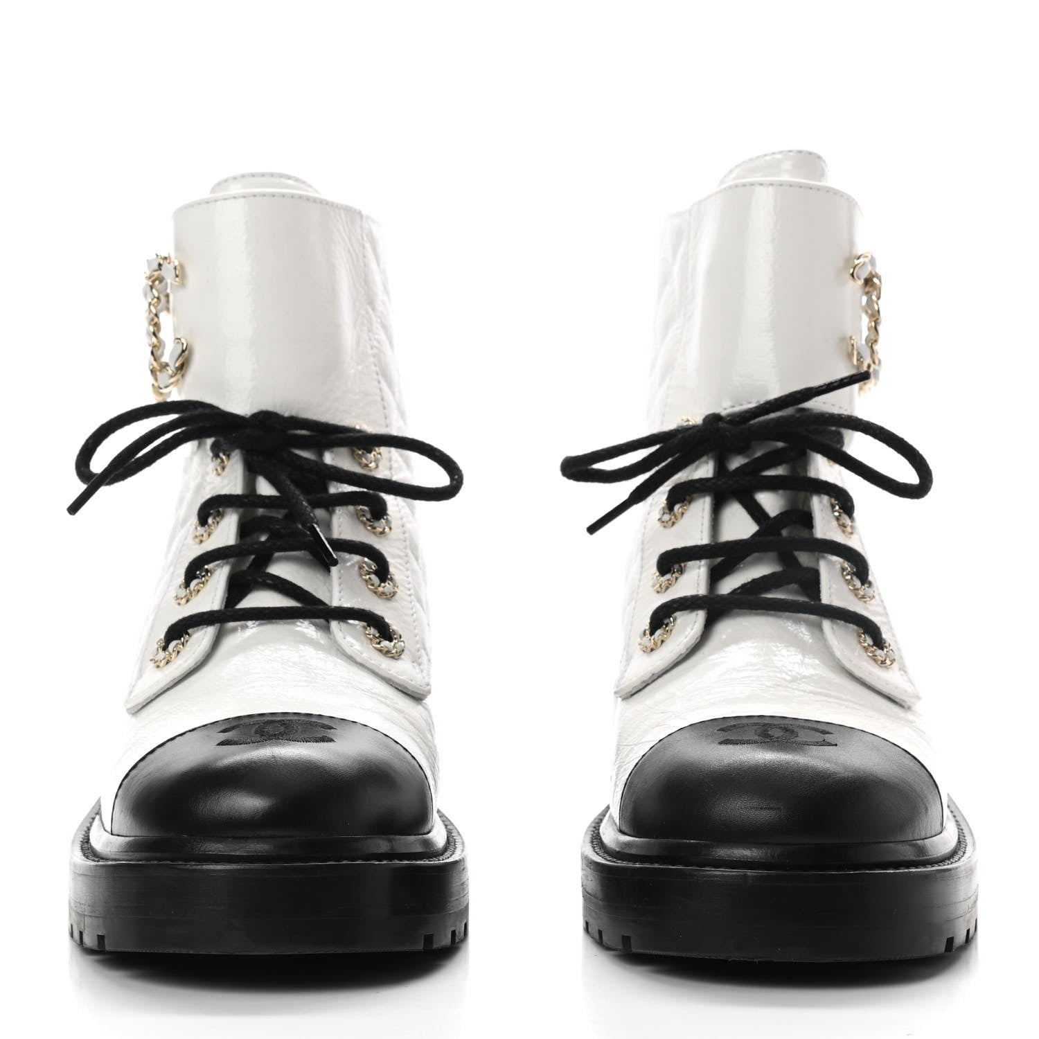 Chanel Shiny Goatskin Calfskin Quilted Lace Up Combat Boots 39 White Black 2 of 9