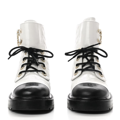 Chanel Shiny Goatskin Calfskin Quilted Lace Up Combat Boots 39 White Black 2 of 9