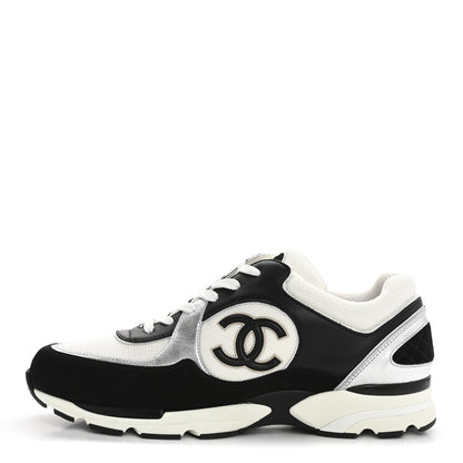 Chanel Mesh Suede Calfskin Mens CC Sneakers 45 White Silver Black 1 of 9