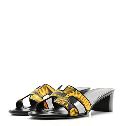 Hermes Cotton Canvas Nappa Iris Printed Oasis Sandals 41 Encre Black 3 of 9
