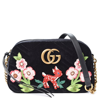 Gucci Velvet Matelasse Deer Embroidered Small GG Marmont Chain Shoulder Bag Black 1 of 9
