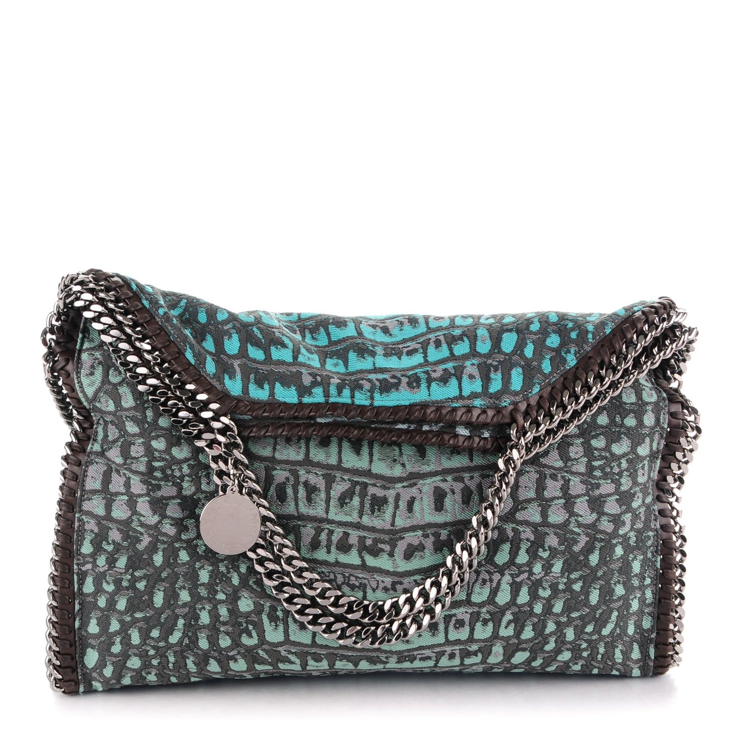 Jacquard Crocodile Print Small Falabella Fold Over Tote Teal