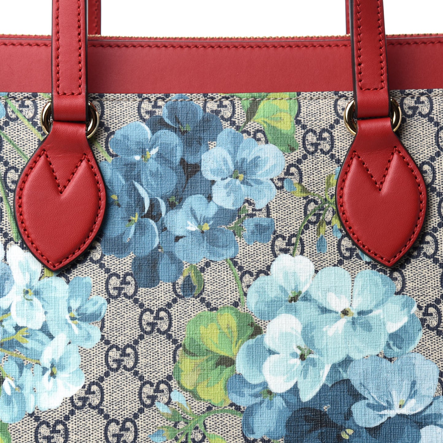 GG Supreme Monogram Blooms Medium Zippered Bucket Tote Beige Blue Navy Hibiscus Red