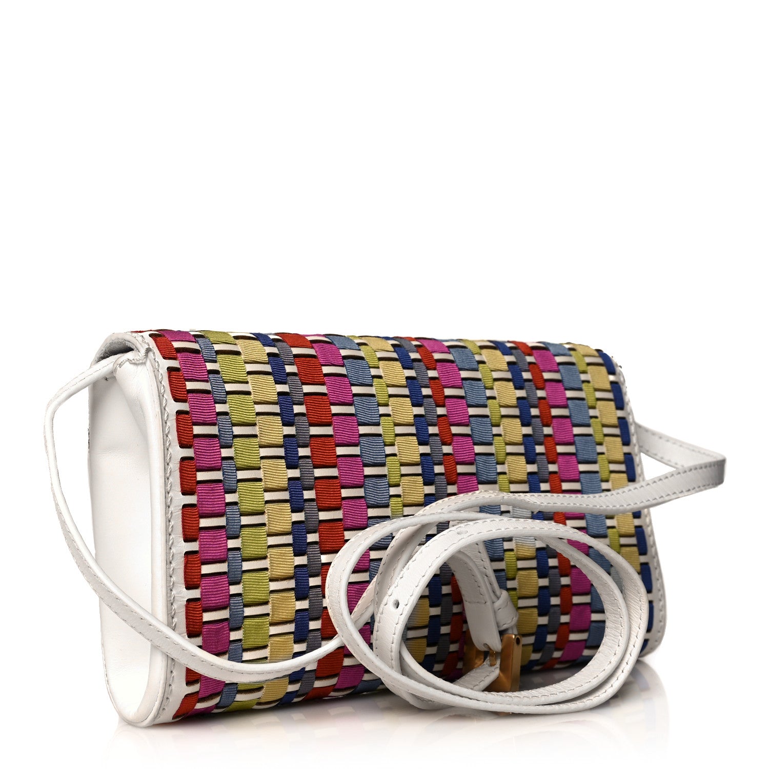 Fendi Fabric Calfskin Woven Crossbody White Multicolor 2 of 9