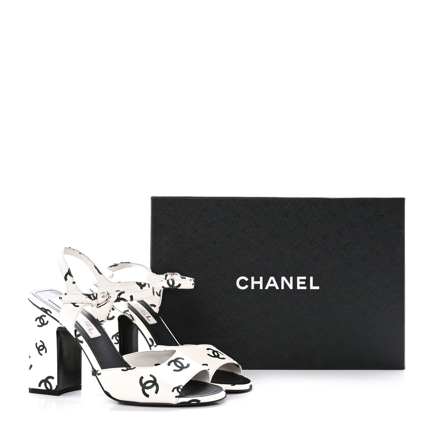 Printed Lambskin CC Sandals 38 White Black