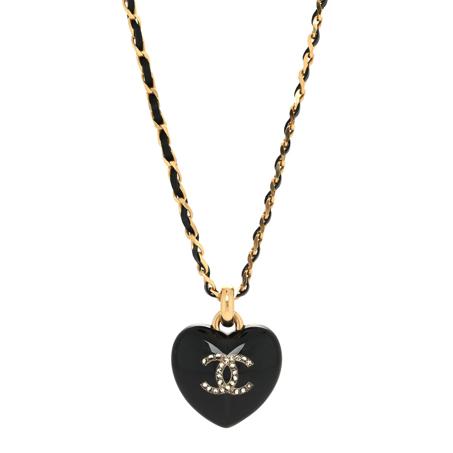 Lambskin Crystal Resin CC Heart Drop Necklace Gold Black