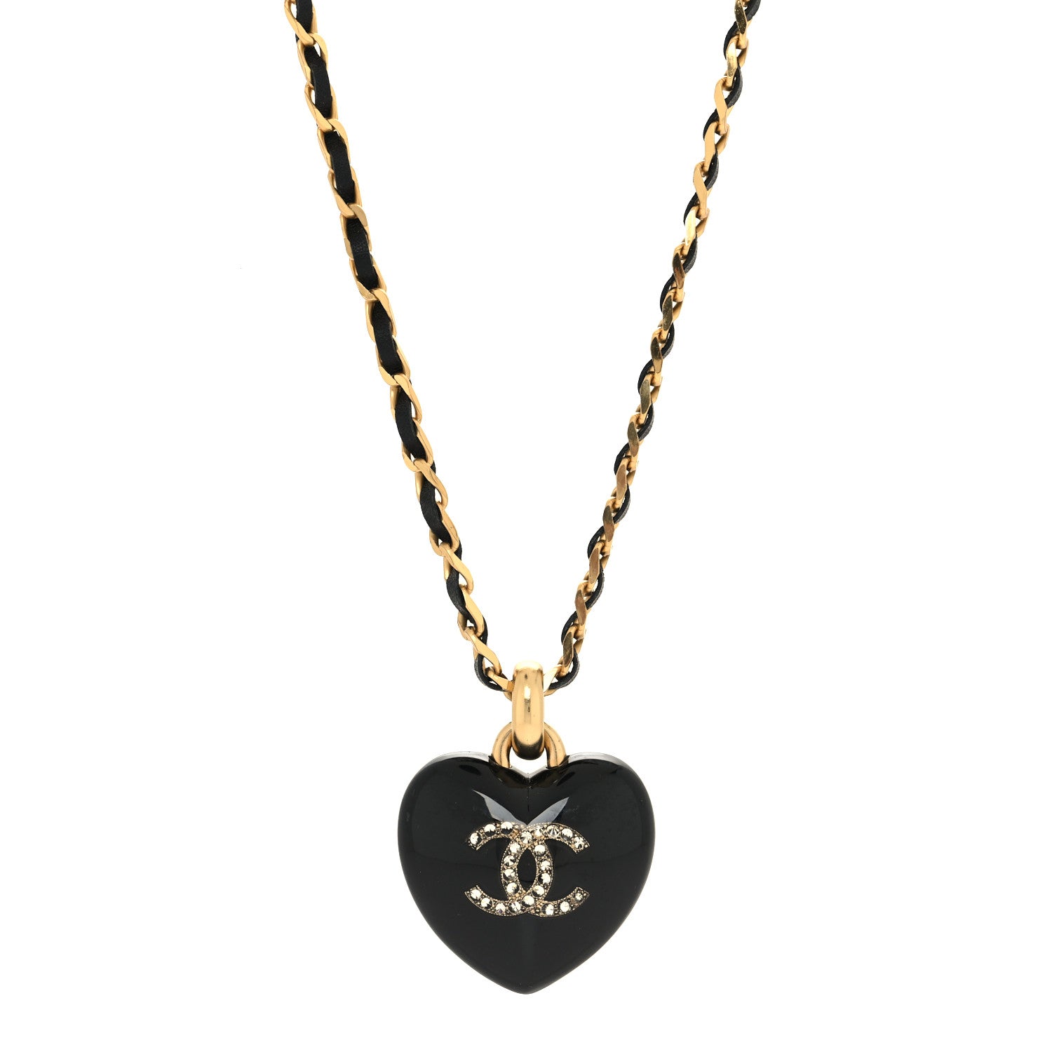 Chanel Lambskin Crystal Resin CC Heart Drop Necklace Gold Black 1 of 5