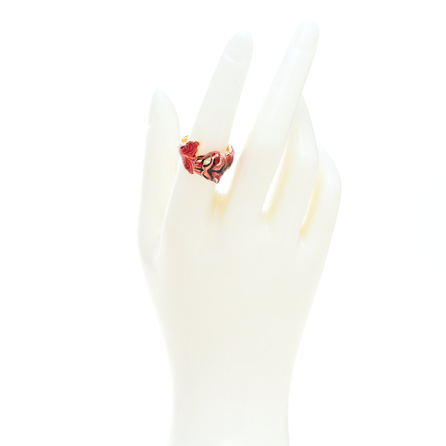 Gucci 18K Yellow Gold Diamond Enamel Le Marche Des Merveilles Tiger Head Ring 53 6.25 Red 2 of 9