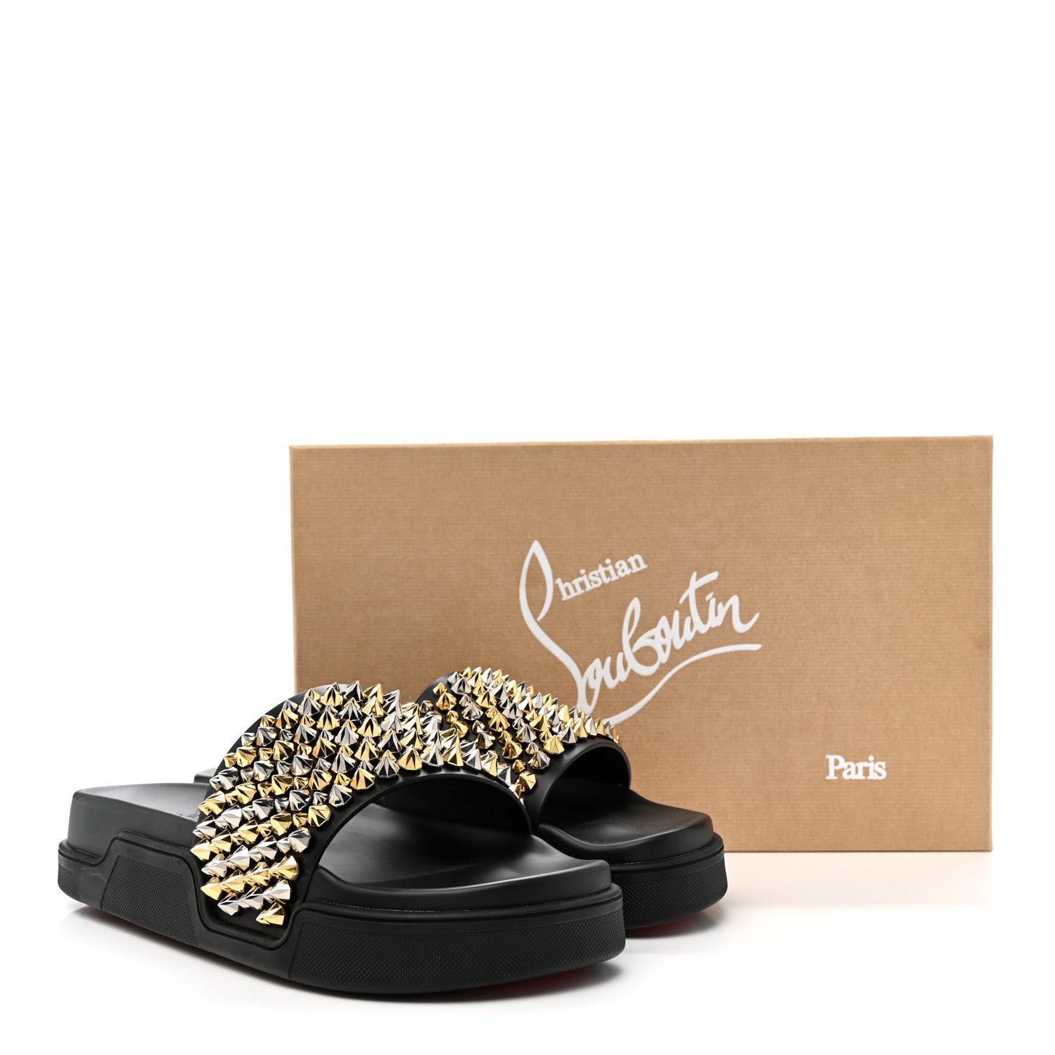 Christian Louboutin Calfskin Studded Mens Pool Roc Flat Slide Sandals 44 Black Multicolor 11 of 11
