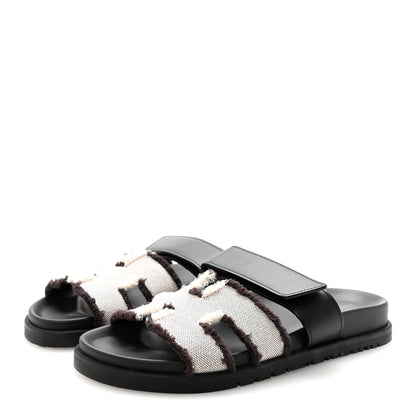 Hermes Techno Fringed H Canvas Caflskin Womens Chypre Sandals 36.5 Prunoir Black 4 of 9