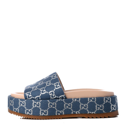 Gucci Canvas Lame GG Monogram Angelina Platform 55mm Slide Sandals 38 Blue Silver 1 of 10
