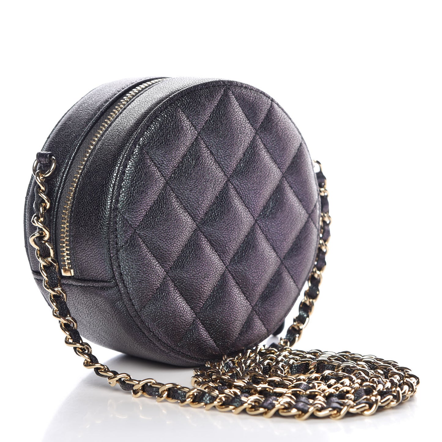 Iridescent Caviar Quilted Round Clutch With Chain Black