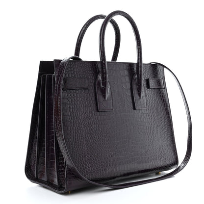 Saint Laurent Calfskin Crocodile Embossed Small Sac de Jour Prune 3 of 10