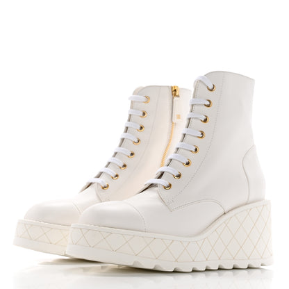Chanel Lambskin Quilted Lace Up Wedge Combat Boots 37.5 White 3 of 18