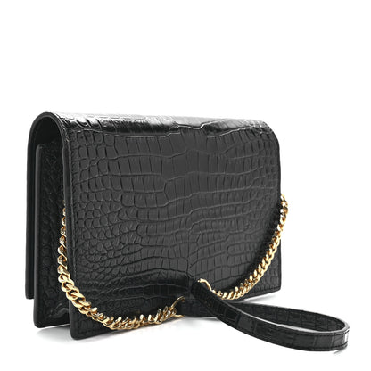 Saint Laurent Calfskin Crocodile Embossed Kate Monogram Tassel Chain Wallet Black 2 of 9
