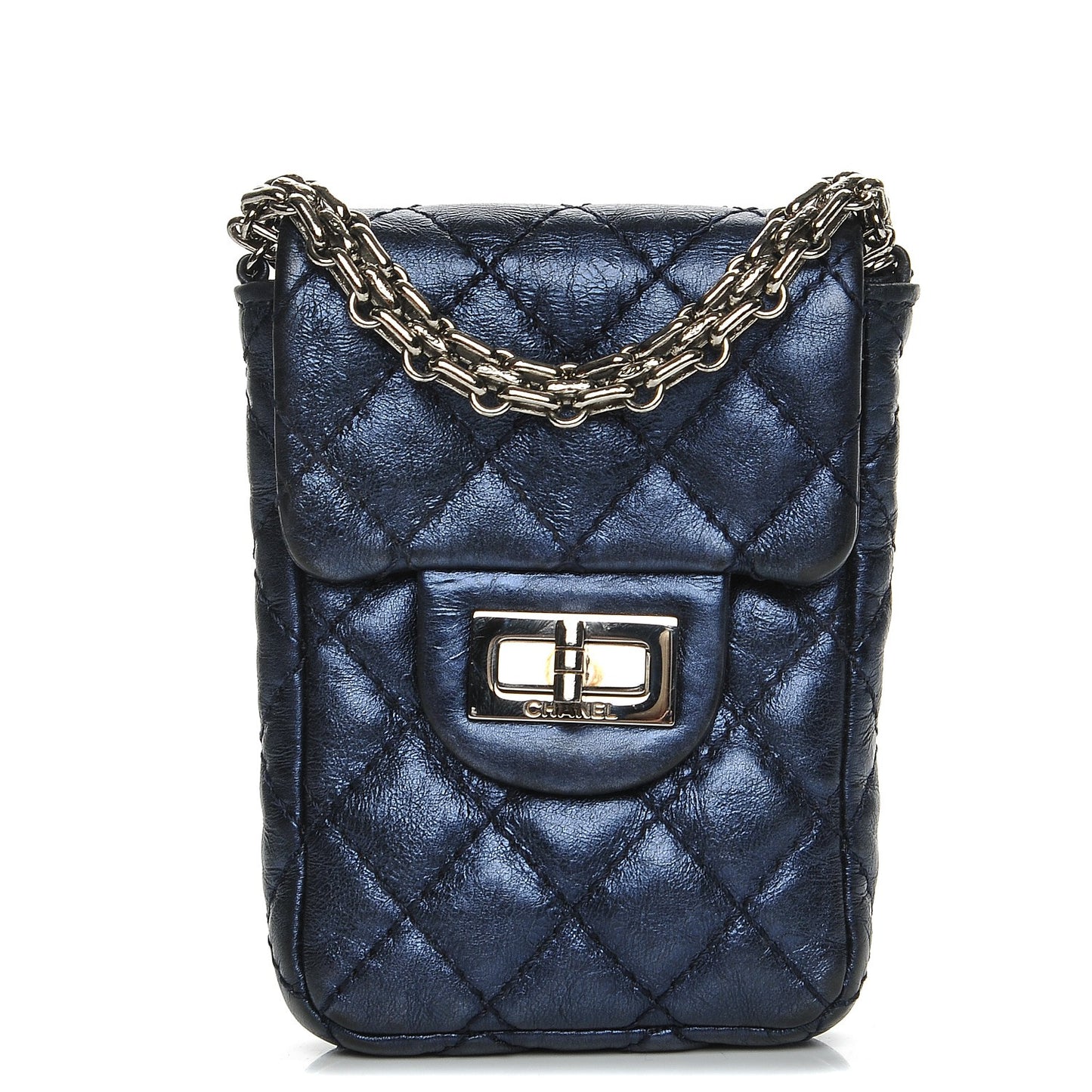 Metallic Aged Calfskin Quilted 2.55 Reissue Phone Case Blue