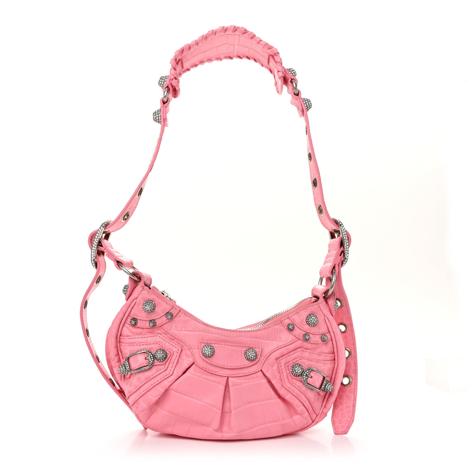 Balenciaga Extra Supple Calfskin Crystal Crocodile Embossed Le Cagole Shoulder Bag XS Sweet Pink 1 of 10