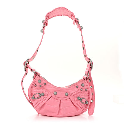 Balenciaga Extra Supple Calfskin Crystal Crocodile Embossed Le Cagole Shoulder Bag XS Sweet Pink 1 of 10