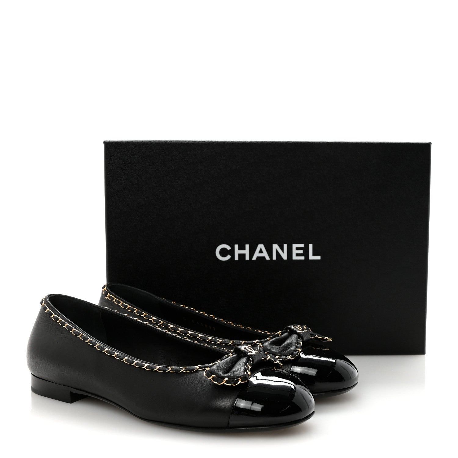 Chanel Lambskin Patent Cap Toe Chain Around Ballerina Flats 38.5 Black 11 of 11