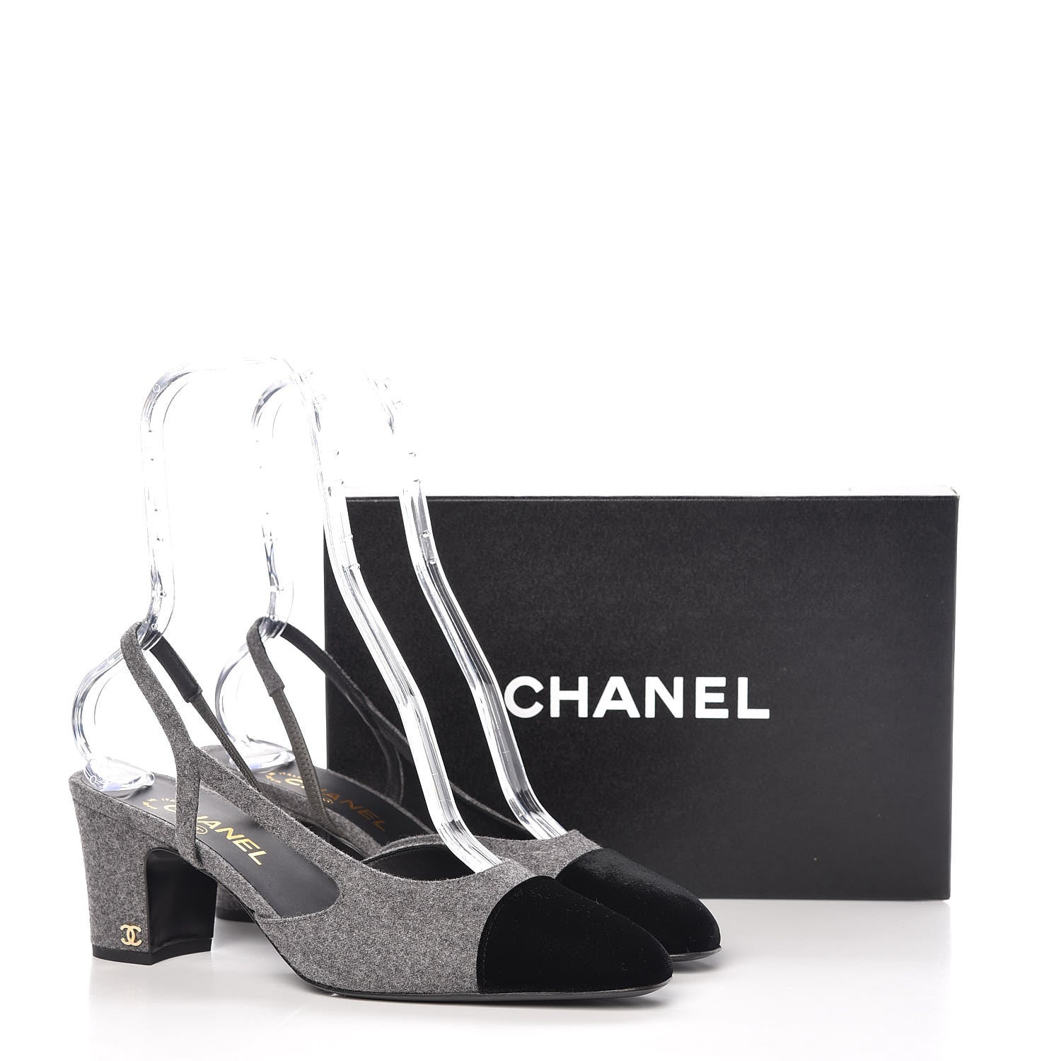 Chanel Wool Velvet Cap Toe CC Slingback Pumps 40 Black Grey 9 of 9