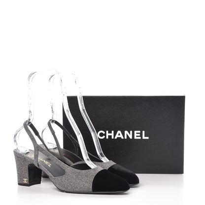 Chanel Wool Velvet Cap Toe CC Slingback Pumps 40 Black Grey 9 of 9