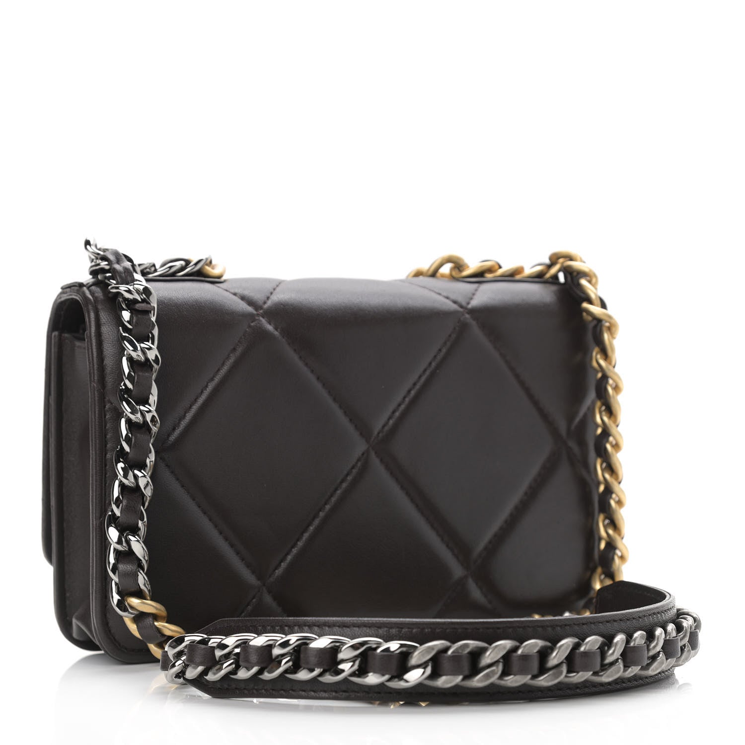 Chanel Shiny Goatskin Quilted Chanel 19 Wallet On Chain WOC Dark Brown 3 of 15