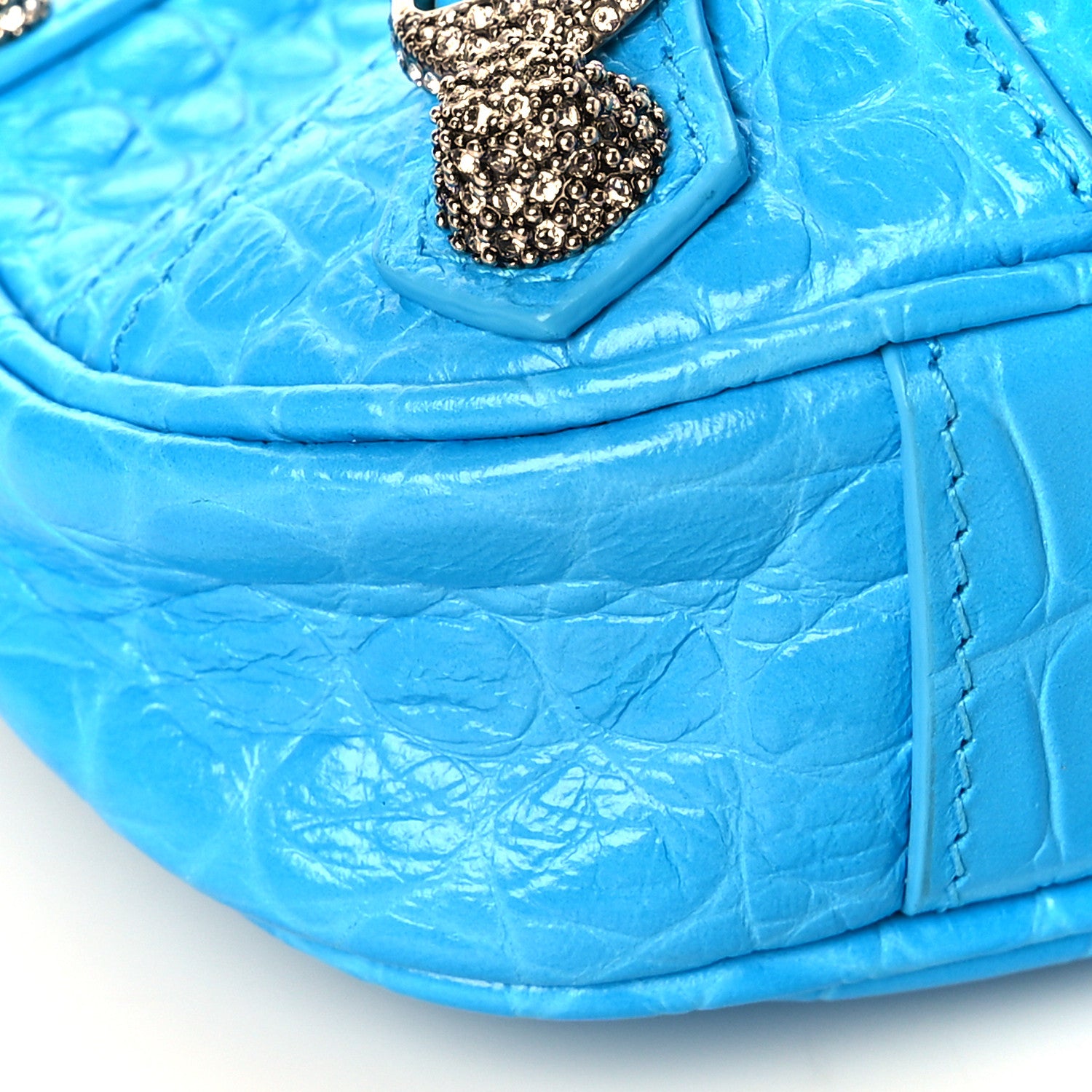 Balenciaga Extra Supple Calfskin Crocodile Embossed Crystal Mini Le Cagole Purse With Chain Cyan 8 of 9
