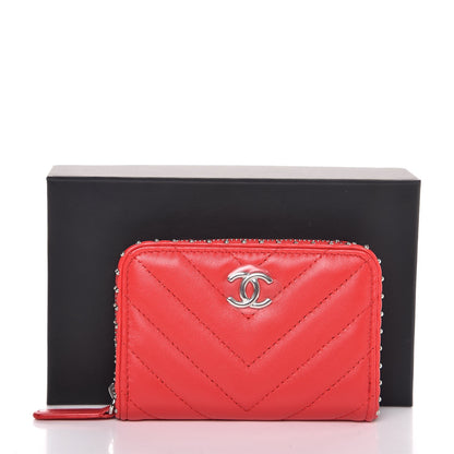 Chanel Lambskin Chevron Studded Zip Around Coin Purse Wallet Light Red 8 of 8