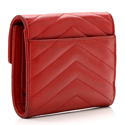 Saint Laurent Grain De Poudre Matelasse Chevron Monogram Compact Tri Fold Wallet Red 2 of 9