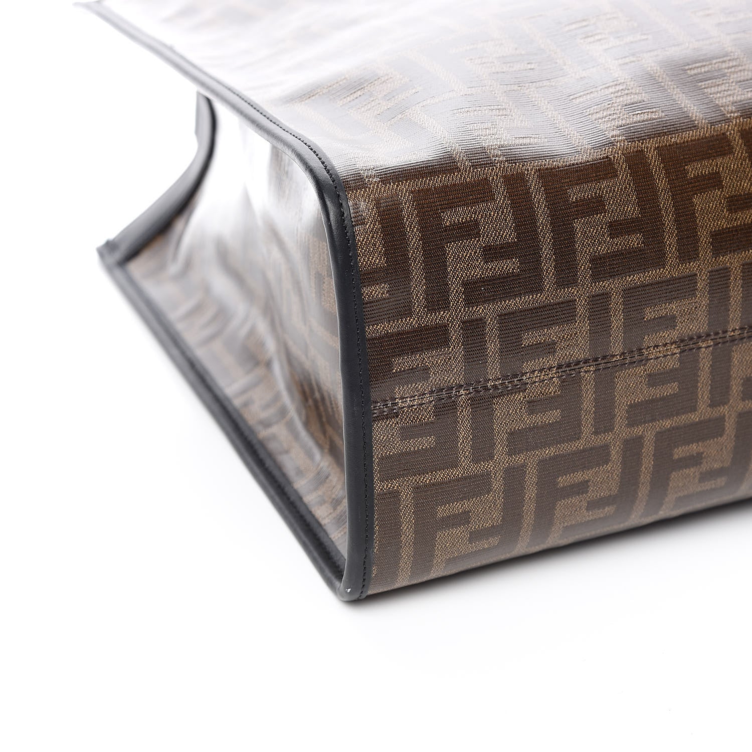 Fendi Glazed Fabric Vitello Century Plexiglass FF 1974 Stamp Patch Medium Runaway Shopper Tote Mogano Panna Black 8 of 10
