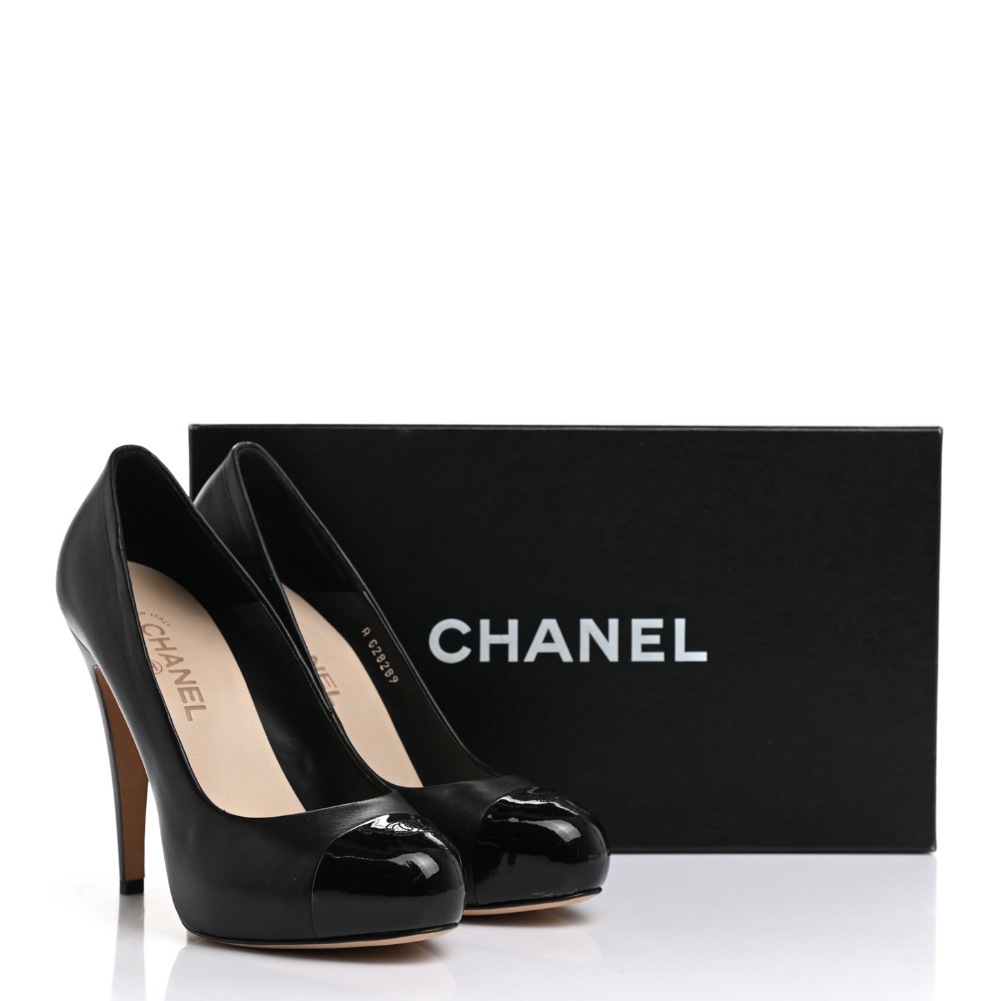 Lambskin Calfskin Patent Cap Toe CC Pumps 40 Black