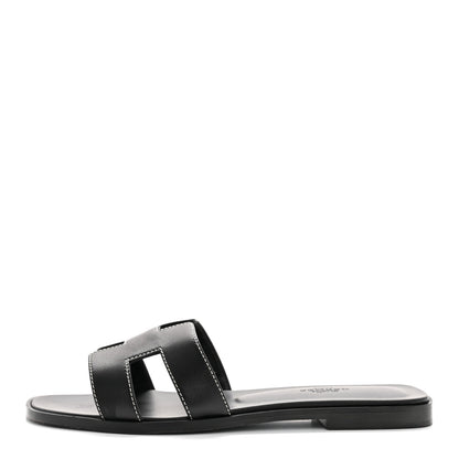 Hermes Box Calfskin Oran Sandals 37.5 Black 1 of 22