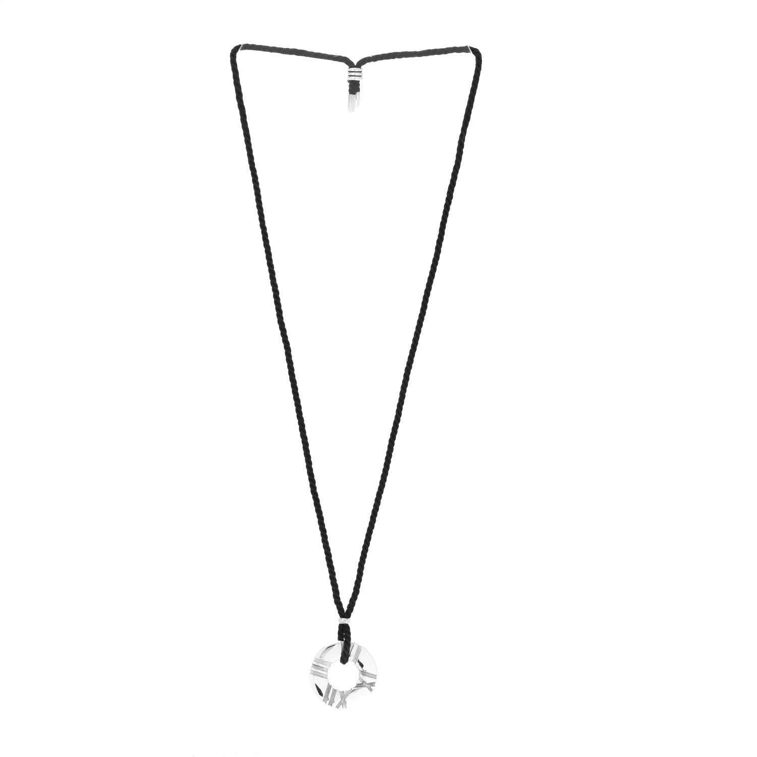 Tiffany Sterling Silver Atlas Circle Pendant Cord Necklace Black 3 of 5