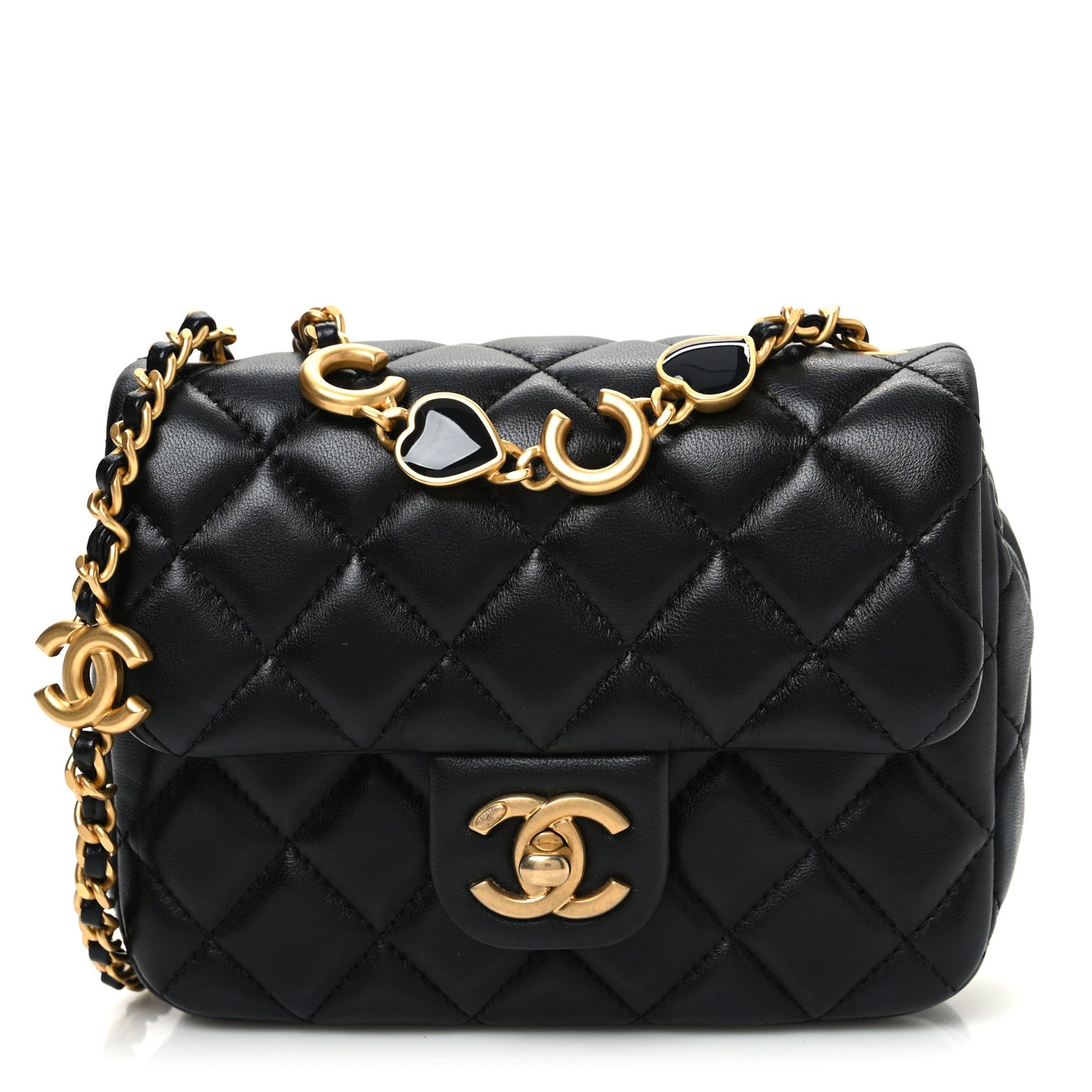 Lambskin Enamel Quilted Mini Coco Hearts Square Flap Black