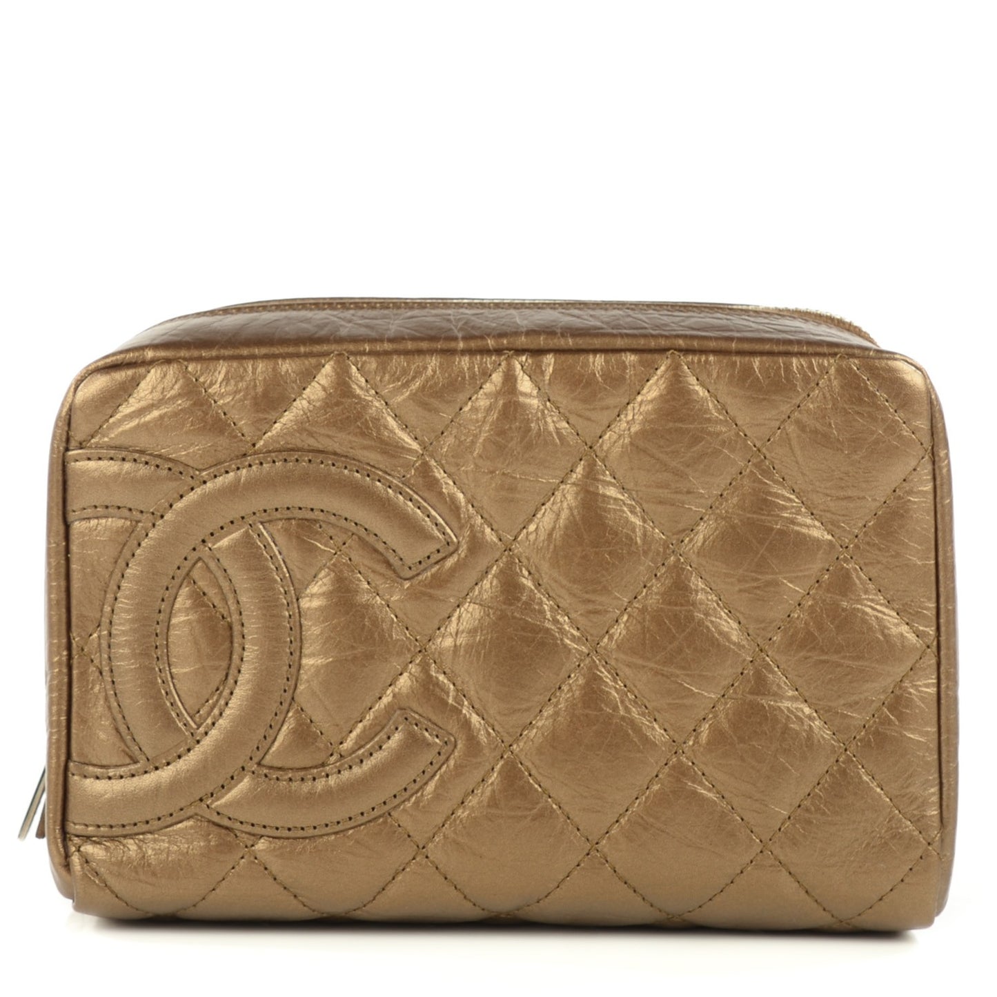Aged Metallic Calfskin Quilted Cambon Cosmetic Case Bronze