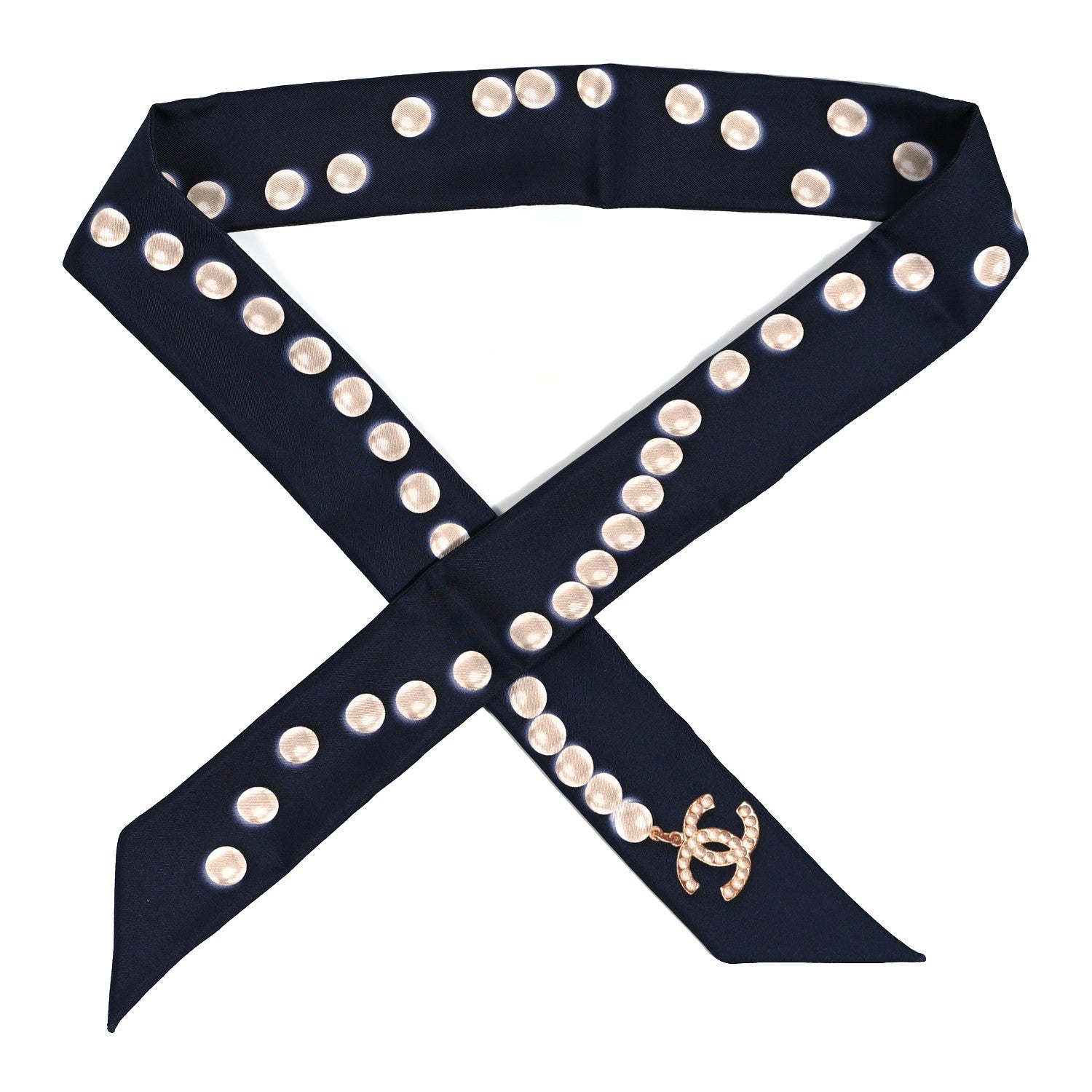 Chanel Silk Pearl CC Slim Bandeau Scarf Dark Navy 1 of 4