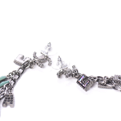 Chanel Crystal Enamel Logo Chain Drop Earrings Silver 4 of 6