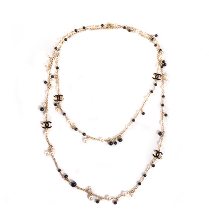 Chanel Pearl Beaded Clover CC Long Double Strand Necklace Black Gold 1 of 6