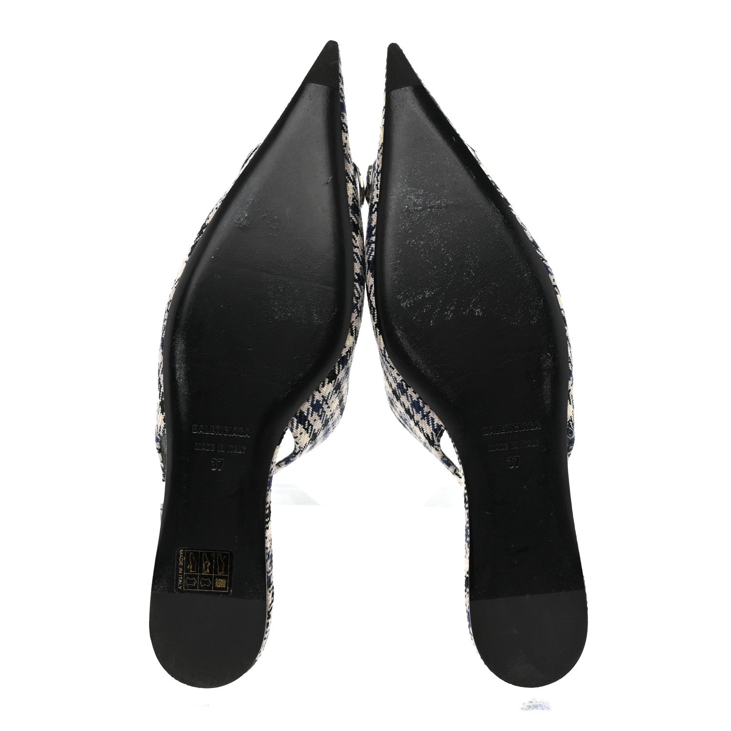 Balenciaga Tweed Prince Of Wales BB Knife Pointy Toe Slingback Flats 37 Beige Navy Silver 5 of 14