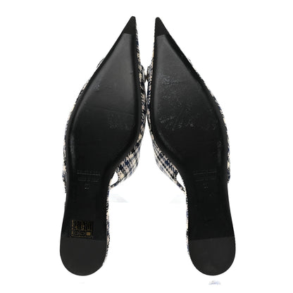 Balenciaga Tweed Prince Of Wales BB Knife Pointy Toe Slingback Flats 37 Beige Navy Silver 5 of 14