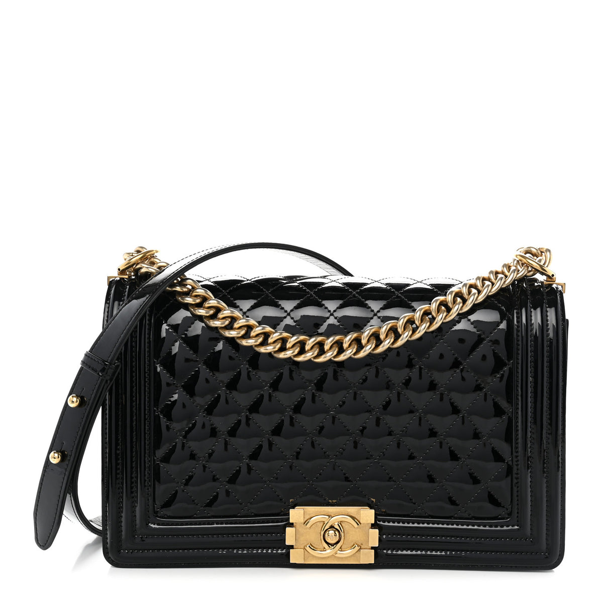 Patent Calfskin Quilted New Medium Boy Flap Black