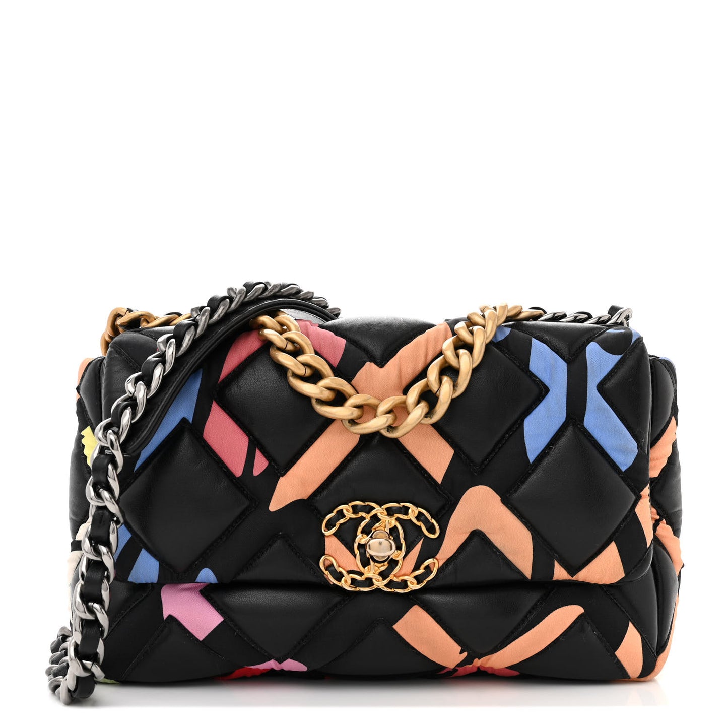 Lambskin Printed Fabric Medium 19 Flap Black Multicolor
