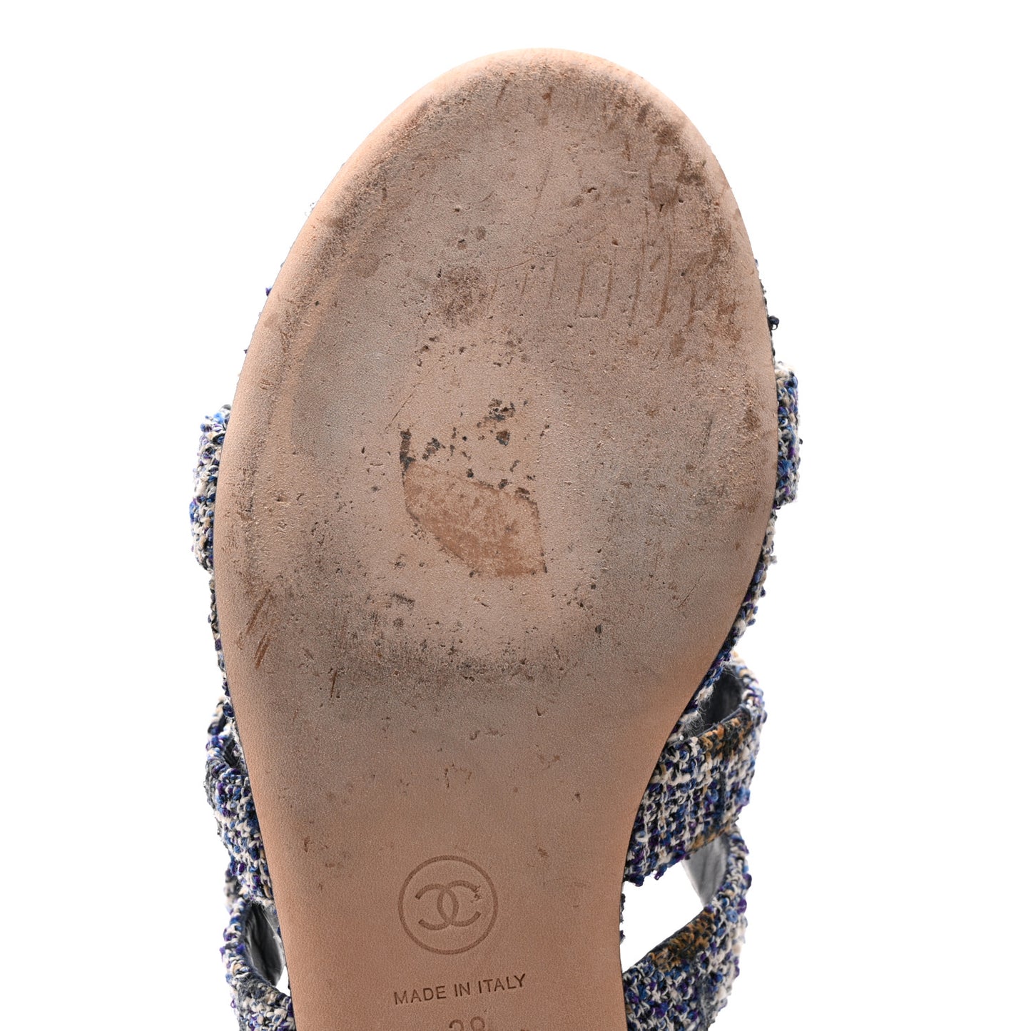 Tweed Lambskin CC Turnlock Mule Sandals 38 Blue Ecru Grey