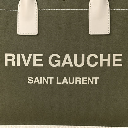 Saint Laurent Linen Calfskin Small Rive Gauche Tote Military Green Blanc Vintage 8 of 10