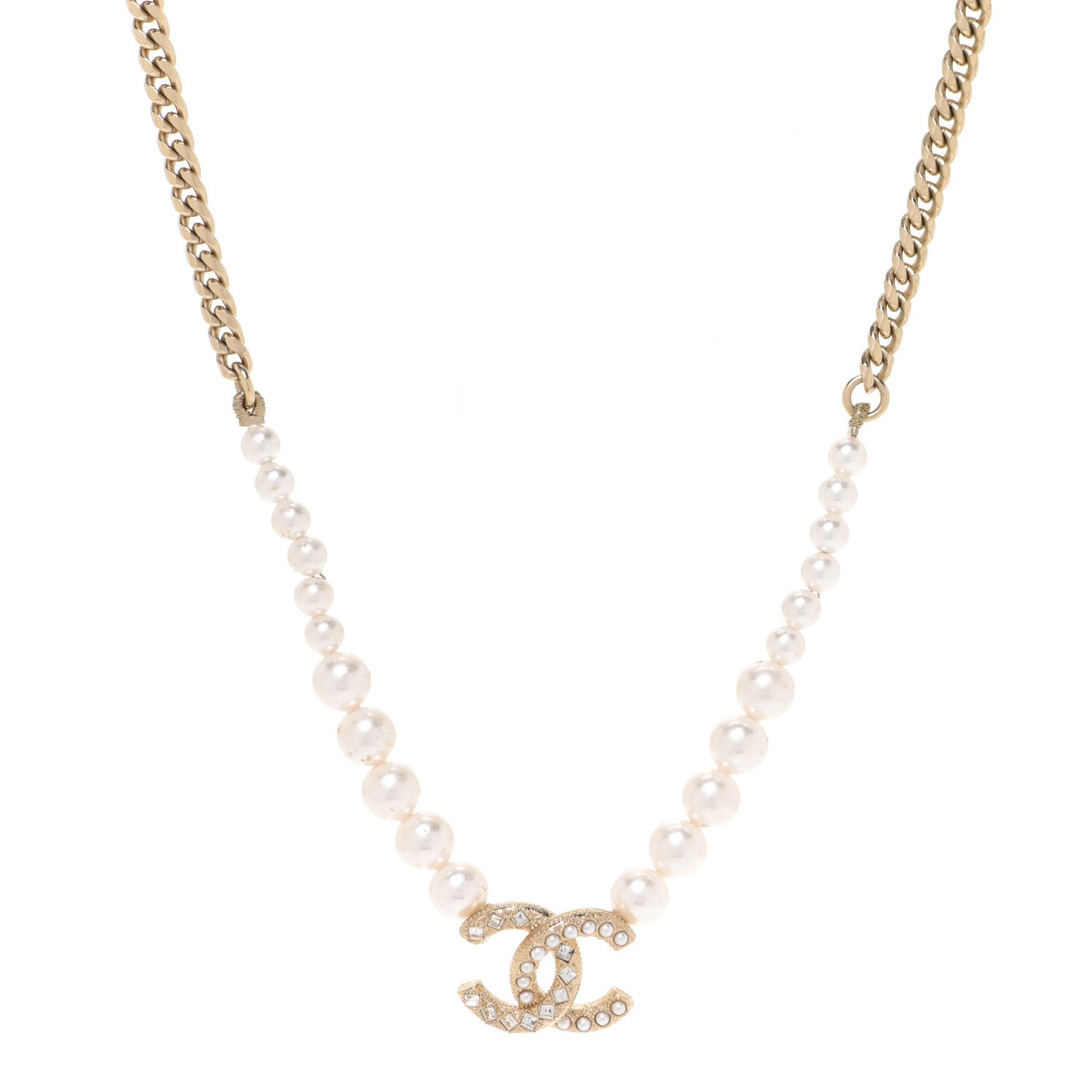 Pearl Crystal Chain CC Necklace Gold