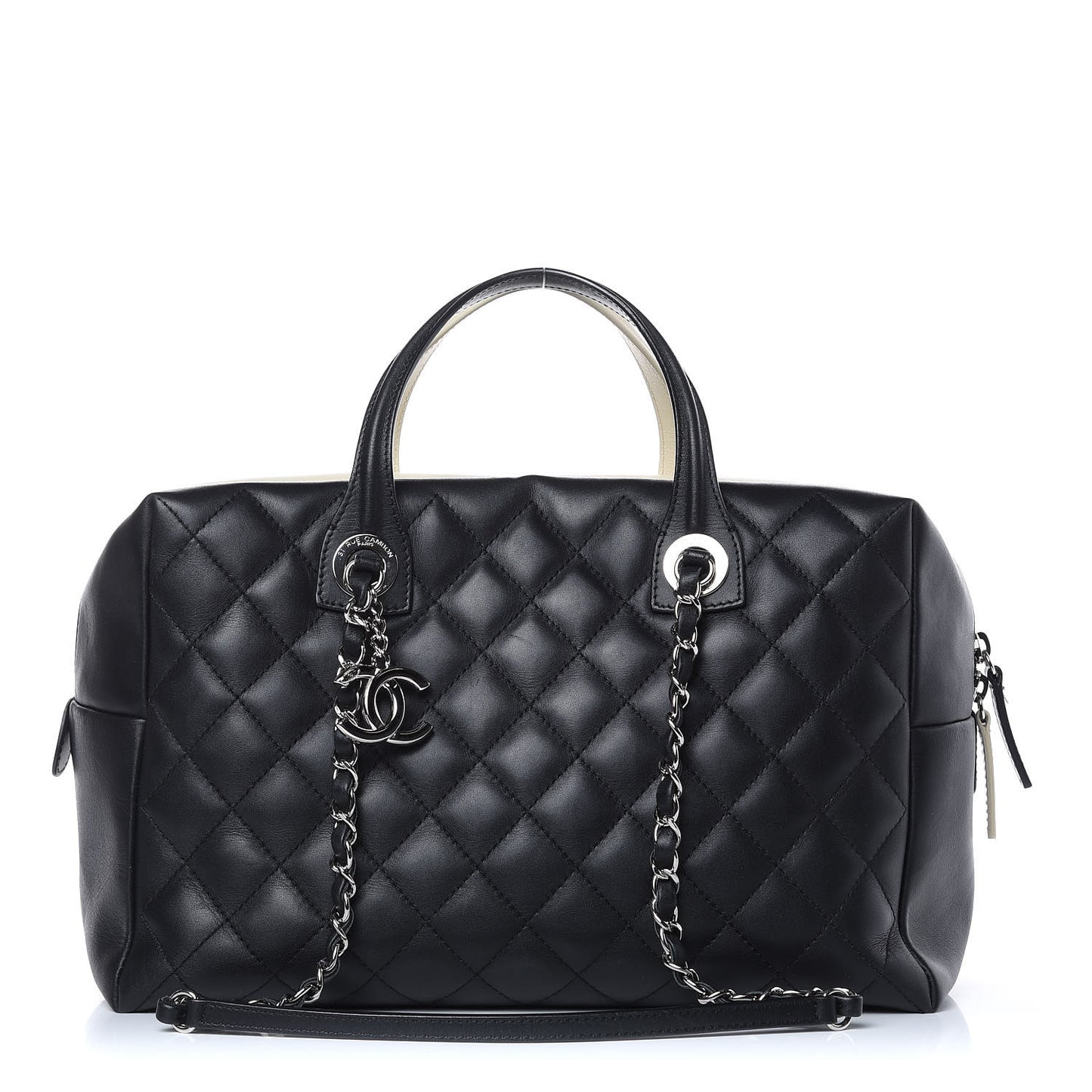 Calfskin Quilted Feather Weight Bowling Bag Black Beige