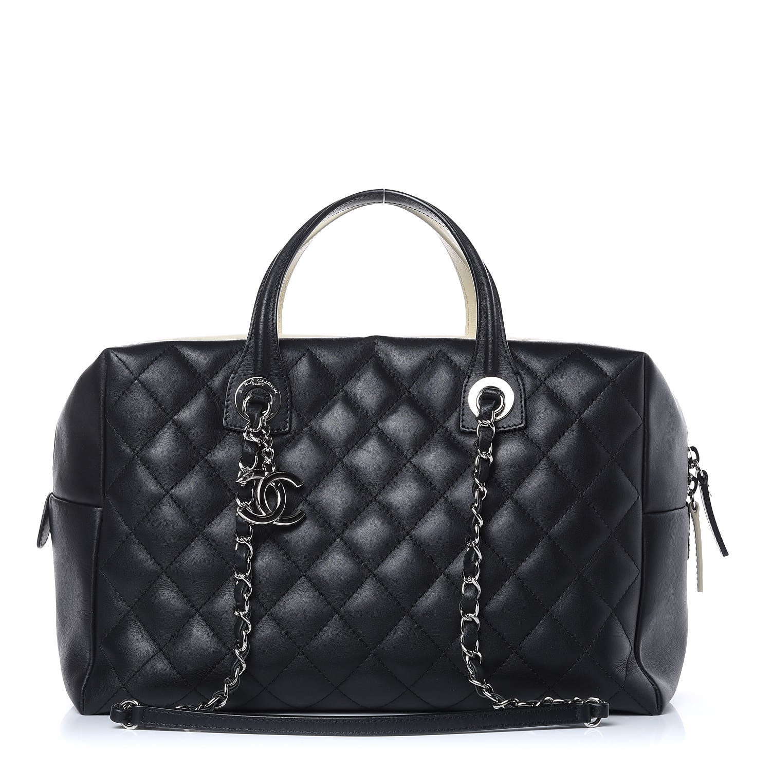 Chanel Calfskin Quilted Feather Weight Bowling Bag Black Beige 1 of 17